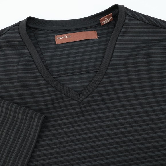 Perry Ellis Mens Black Striped V Neck Short Sleeve T-Shirt - Picture 1 of 6